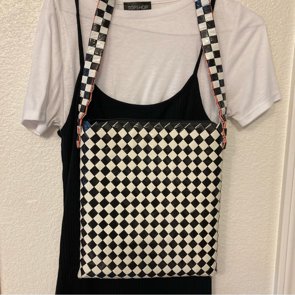 Handmade HandbagWoven Pop ArtDesign 12”x10”.
Vinyl woven pieces